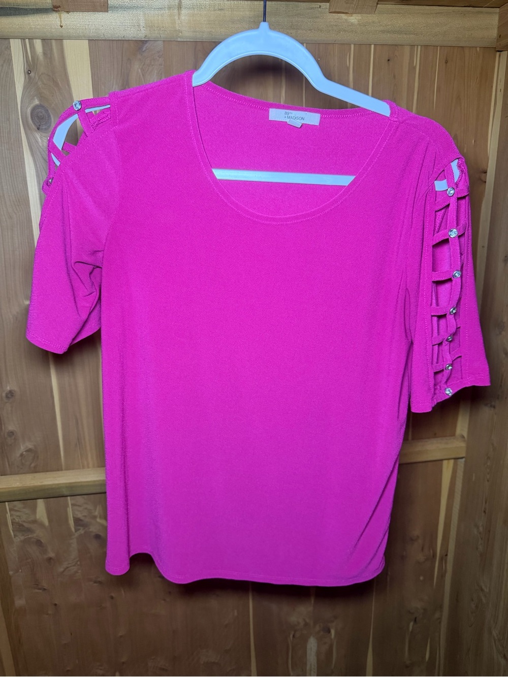 89th & Madison Hot Pink Lattice-Sleeve Short Sleeve Top